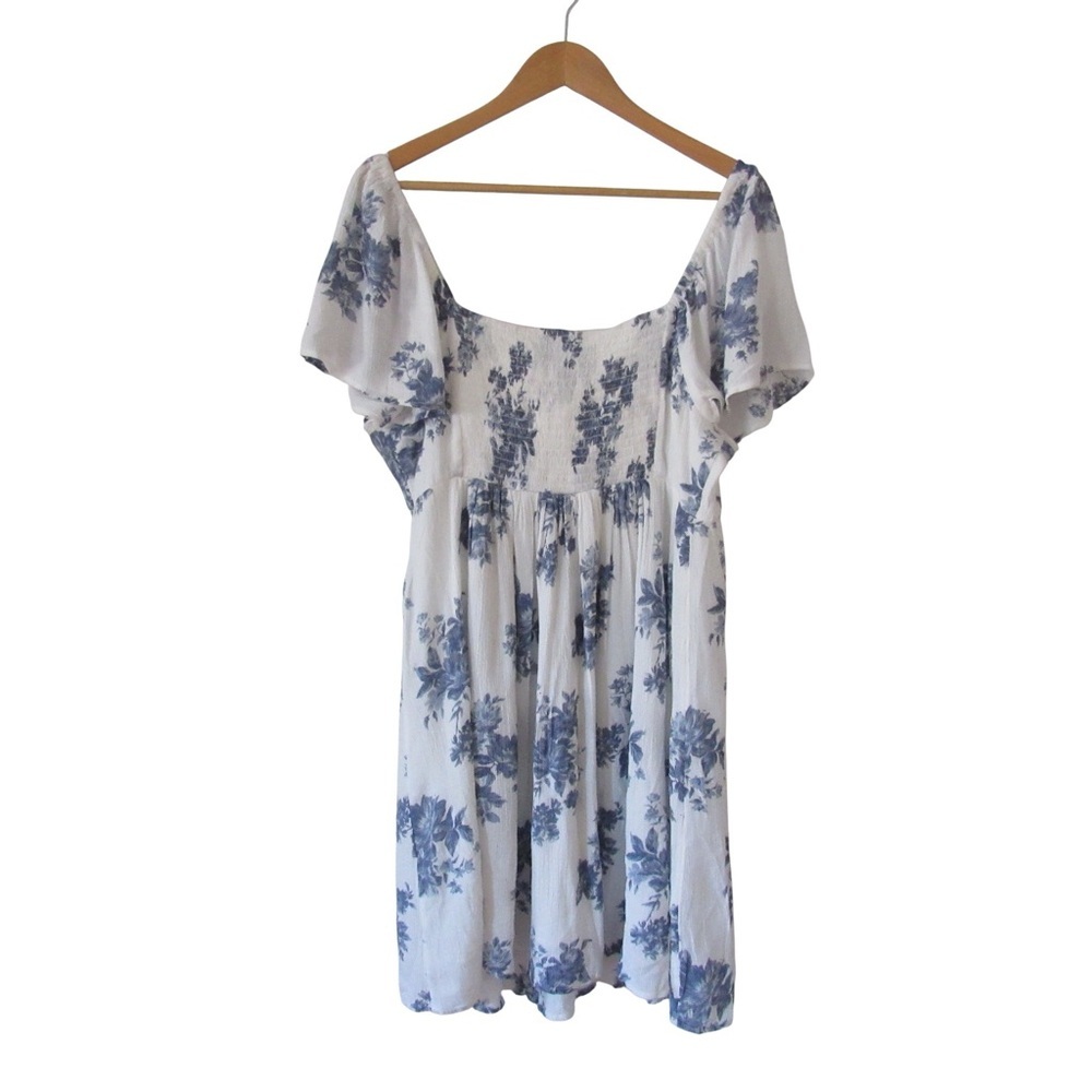 American Eagle Outfitters White Blue Floral Mini Dress XL Smocked Peasant Boho - Picture 2 of 11